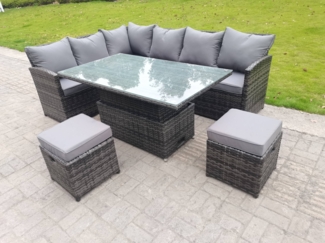 Fimous Hoher Rücken Gartenmöbel-Set Höhenverstellbarer Esstisch 8 Sitzer 2 Kleiner Hockern