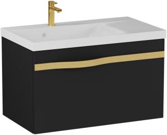 BADEDU FILS Waschbecken mit Unterschrank 69 cm breit, Schwarz, Waschbecken Gussmarmor Weiß, Griff Gold