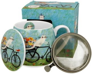 DUO ART GALLERY Fassbecher 430 ml CAT'S WORLD – BICYCLE mit Teesieb, New Bone China Porzellan