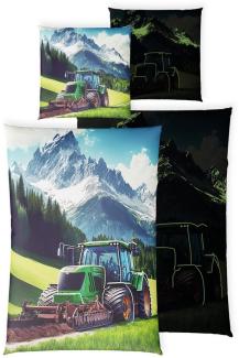 Carpe Sonno Kinderbettwäsche 135x200 +10 SPIELE +KINDERBUCH Baumwoll Bettwäsche Kind Jungen Mädchen, Renforcé, 2 teilig, Schöne Bettwäsche Traktor Trecker Bulldog Landmaschine