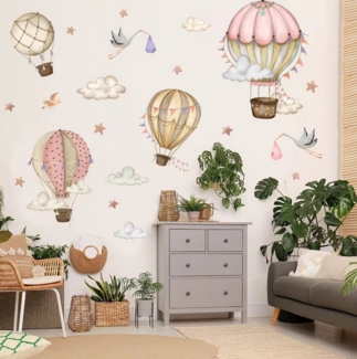 Montegoni Wandtattoo Tiere Heißluftballon Wolken Wandaufkleber Rosa Farbe für Kinderzimmer (Baby Kinderzimmer Wandtattoos Mädchenzimmer Aufkleber), 30x90 cm, selbstklebend, rückstandslos entfernbar