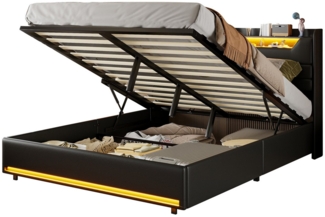 FUROKOY Polsterbett Doppelbett Stauraumbett Hydraulisch anhebbarer USB+Typec und RGB-Licht, 160x200 cm,Stauraum,Gepolstert,Weich und bequem,Kunstleder,Schwarz