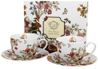 DUO FLORAL 2er-Set Tassen 280 ml VINTAGE FLOWERS WHITE mit Untertassen, New Bone China Porzellan