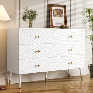 LVHOM Kommode mit 6 Schubladen und Metallbeine, Schubkastenkommode Sideboard Scandi Aufbewahrungsschrank, TV-Schrank Anrichte, Mehrzweckschrank Schrank, Weiß