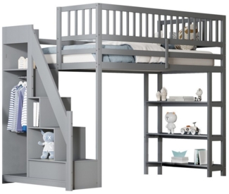 Flieks Hochbett Kinderbett 90x200 cm mit Kleiderschrank, Regalen und Stauraumtreppe
