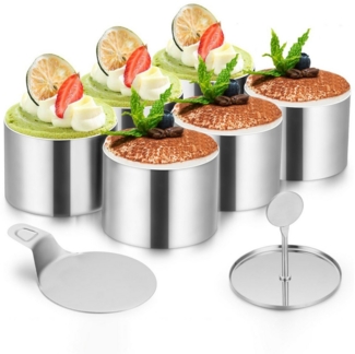 BlingBin Springform Dessertringe und Speiseringe, Dessertformen, Backringe, Törtchenringe, (1er Set 8-tlg), mit 6 Dessertringformen + 1 Heber Edelstahl + 1 gepresste Kreisplatte