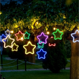 Qualra LED-Lichterkette 150LEDs 5 Sterne Lichterkette LED Außen Strom Weihnachtsdeko Haken, mit Fernbedienung für Garten Party Weihnachten