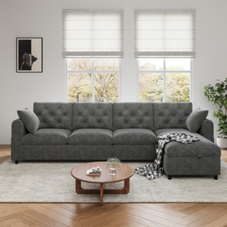 Merax 281cm Ecksofa Samt sofa mit Stauraum im Eckbereich, L-förmiger Stauraum im Eckbereich links und rechts verstellbar, Seitliche Armlehnen mit Magazintaschen, Grau