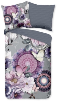 hip Bettwäsche Baumwolle, Renforcé, 2 teilig, lila Mandalas mit Blumen und Schmetterlingen, grau