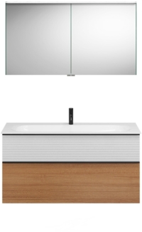 Burgbad FIUMO Waschtisch Set mit Spiegelschrank 122 cm breit, Weiß/Braun, Waschbecken Gussmarmor Weiß