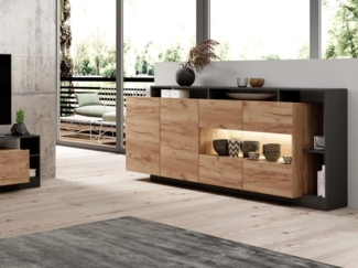 Vente-unique 'IDESIA' Sideboard mit 3 Türen, 3 Ablagen & LED-Beleuchtung, Holzspanplatte anthrazit / naturfarben, 200 x 43,6 x 92,8 cm