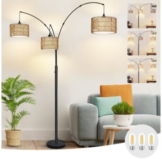 LMaxhome LED Stehlampe Boho Stehleuchte Rattan Drehknopfschalter Steh-Ecklampe 180CM, Doppelter Lampenschirm, LED fest integriert, Warmweißes Licht, mit 3 LED-Glühbirne Vintage Leselampe für Büro Schlafzimmer Wohnzimmer