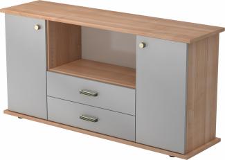 bümö Sideboard Nussbaum/Silber mit Flügeltüren & Regal - Büromöbel Sideboard mit Schubladen Holz 166cm breit, 45cm schmal, Büro Schrank für Flur oder als Wohnzimmer-Kommode mit Streifengriff, SBTS-N-S-SG