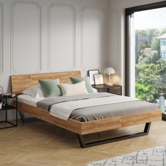 skølm 'Alver' Bett 140x200 cm, Bettgestell, natur geölt, Massivholzbett aus Eiche mit Metallkufen, Doppelbett mit durchgehendem Bettkopf