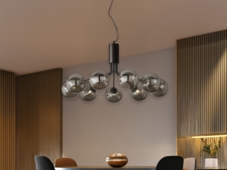 Pendelleuchte HONEY 9-flammig Schwarz mit Glaskugeln Rauchglas, Ø 83cm