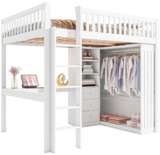 HAUSS SPOLE Hochbett 140x200 cm mit Schreibtisch, Kleiderschrank, 3 Schubladen, Weiß (Hochbett,mit Schreibtisch & Kleiderschrank Inkl. Stauraum, Geländer und Treppe) ohne Matratze