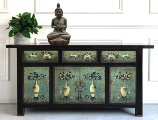 Vintage Sideboard Grün Minzgrün Kommode chinesisch Kolonial-Stil Antik-Stil Schrank Lowboard asiatisch orientalisch Fernost shabby-chic Landhaus