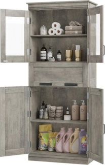 GarveeMore Hochschrank Badezimmerschrank mit 4 Türen, Aufbewahrungsschrank mit verstellbaren mit Glastüren und 1Schubladen,für Küche Speisekammer Wohnzimmer,170cm
