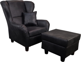 OHRENSESSEL mit HOCKER, hoher Sitzkomfort durch Wellenunterfederung B90/H98/T76 cm, Mikrofaser Leder-Optik Vintage Schwarz