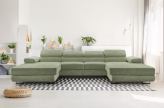 AX LIVING Sofa U Form mit Schlaffunktion – Arborio U 352 cm in Salbeigrün