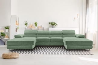 AX LIVING Sofa U Form mit Schlaffunktion – Arborio U 352 cm in Salbeigrün