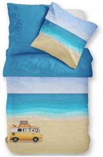 Dormabell Satin Bettwäsche 135x200 Beach Van Bus Strand Meer blau beige Wende