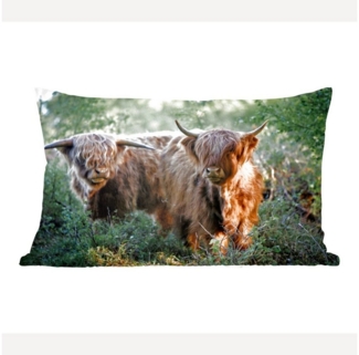 MuchoWow Dekokissen Schottische Highlander - Wald - Tiere, Dekoration, Zierkissen, Kissen mit Füllung, 50x30 cm