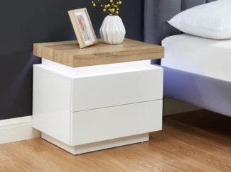 Vente-unique - 2er-Set Nachttische mit 2 Schubladen & LEDs - MDF lackiert - Weiß & Eichefarben - HALO II