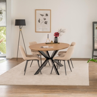 HOME DELUXE Essgruppe Oval inkl. Sternfuß - 200 x 120 cm Fishbone Oak 4 Stühle Creme
