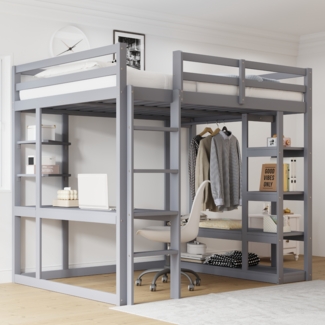 Merax Hochbett 140*200 cm Kinderbetten Doppelbetten, mit Leiter Massivholz, Mit Tisch und Regalen, Mit Einfachen Aufhängungen und Ablage Laminat, Jugendbetten, Grau