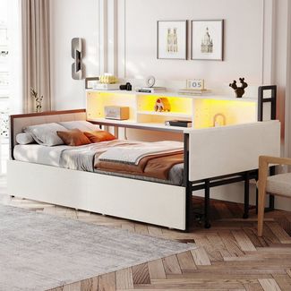 Merax Daybett 90x200cm mit LED-Beleuchtung und Steckdose (Eisen-Sofabett Einzelbett Jugendbett Schlafsofa mit Rückenlehne, 1 tlg), Tagesbett mit Schubladen,ausziehbarem Schreibtisch,Ablagefach,Stauraum