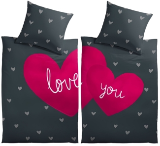 Leonado Vicenti Bettwäsche Premium Qualität 135x200 cm, Microfaser, 4 teilig, Partnerbettwäsche romantisch mit Herzen, Liebe, Love You Schriftzug