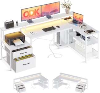 ODK Eckschreibtisch ODK Reversibel Eckschreibtisch mit Schubladen LED Weiß 172.5×100cm