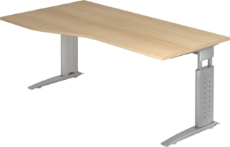 bümö höhenverstellbarer Schreibtisch U-Serie 180x100 Eiche, Gestell in Silber - großer PC Tisch für's Büro manuell höhenverstellbar, Computertisch verstellbar, US-18-E-S