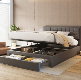 oyajia Polsterbett Doppelbett Polsterbett 140x200cm, Luftdruck anhebbarer Stauraumbett (Leinenmaterial Polsterbett mit Lattenrost und Luftdruckhebel), Modernes Jugendbett, Leises Design, Einfach zu montieren und stabil