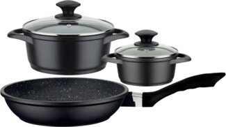 GSW Topf-Set Gourmet Granit, Aluminiumguss (Set, 5-tlg, 1 Kochtopf 16 x H 7,5 cm, 1 Kochtopf 20 x H 9,0 cm, 1 Bratpfanne 24 cm), VITAFLON® GRANIT Antihaft-Versiegelung, Granit-Design, Induktion
