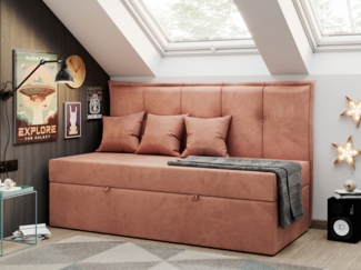 Kinderbett BANCO, Boxspringbetten für Kinderzimmer, Jugendbett, Einzelbett mit Matratze - Orange Velvet - Topper T25