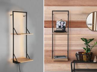 Wandregal LEONIE mit LED Licht Metall Schwarz, Holz braun 32x72 cm