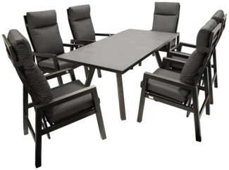 TPFGarden Garten-Essgruppe LUTON, (Gartengarnitur - Sitzgruppe 7-teilig - Aluminium pulverbeschichtet, 7-tlg, Tisch Glas in Keramikoptik - Lehnen über Gasdruckfeder verstellbar), (6x Hochlehner Sessel mit Armlehnen, 1x Tisch 180x90cm)