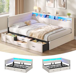 MSMASK Polsterbett Schlafsofa mit LED-Beleuchtung & Ladestation, Einzelbett, Daybett (Ohne Matratze), Jugendbett mit 4 Schubladen, ohne Matratze, 140x200 cm
