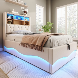 Merax Polsterbett, Kinderbett 90×200 cm mit hydraulischem Stauraum, APP-gesteuertes, LED-Lichtband, USB-Ladeanschluss, Leinenpolsterung, Beige