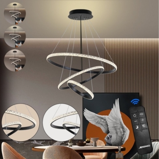 JDONG Pendelleuchte Kristall Hängeleuchte 72W Dimmbar mit Fernbedienung, Warmweiß/Neutralweiß/Kaltweiß, 3 Ringen Hangelampe Hohenverstellbar fur Wohnzimmer Esszimmer
