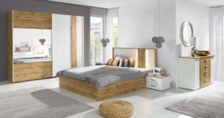 Lukas Möbel Komplettschlafzimmer Schlafzimmer Komplett Forest Hochglanz weiß Eiche Wotan 5-teilig, hochglanz, mit Spiegel, mit Bettkasten