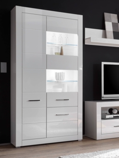 Vitrine "Bianco" Standvitrine Stauraumvitrine mit LED 100cm weiß Hochglanz