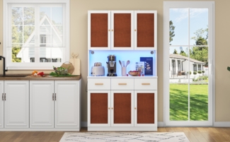 Sideboard 105x43x182 cm, Weiß mit Stofftüren, LED-Mittelteil & integrierter Steckdosenleiste,Weiß