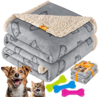 LOVPET® wasserdichte Hundedecke, Sherpa Fleece Haustier Decke + 3x Spielzeugknochen, maschinenwaschbar, beidseitiger Sofabezug-Schutz Grau, M (101 x 73 cm)