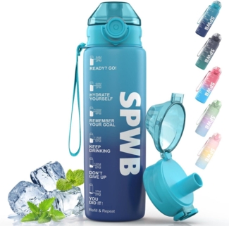 SPWB Trinkflasche 1L Sportflasche BPA-frei Auslaufsicher Zeitmarkierung Blau