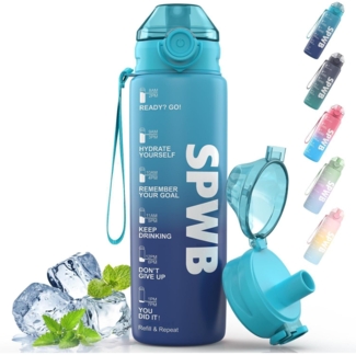 SPWB Trinkflasche 1L Sportflasche BPA-frei Auslaufsicher Zeitmarkierung Blau
