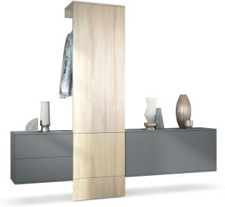 Garderobe Carlton Set 1, Flur-Garderobe aus Deko-Paneel, Schubladen-Kommode & Schuhschrank, Anthrazit matt / Eiche sägerau (209 x 193 x 35 cm)
