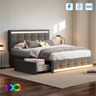 Furnishings Home Polsterbett Stauraumbett Doppelbett inkl. LED & Ladefunktion (Mit Vier extra große Schubladen), Mit LED-Beleuchtung, Ladeanschluss, Leinen, 140x200 cm